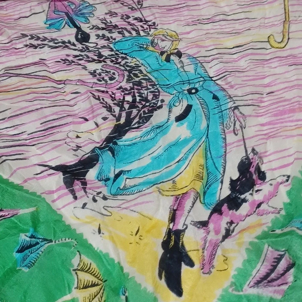 VTG Normandy Silk Scarf 32x32 Umbrella Novelty Print MCM Retro Dopamine Whimsy